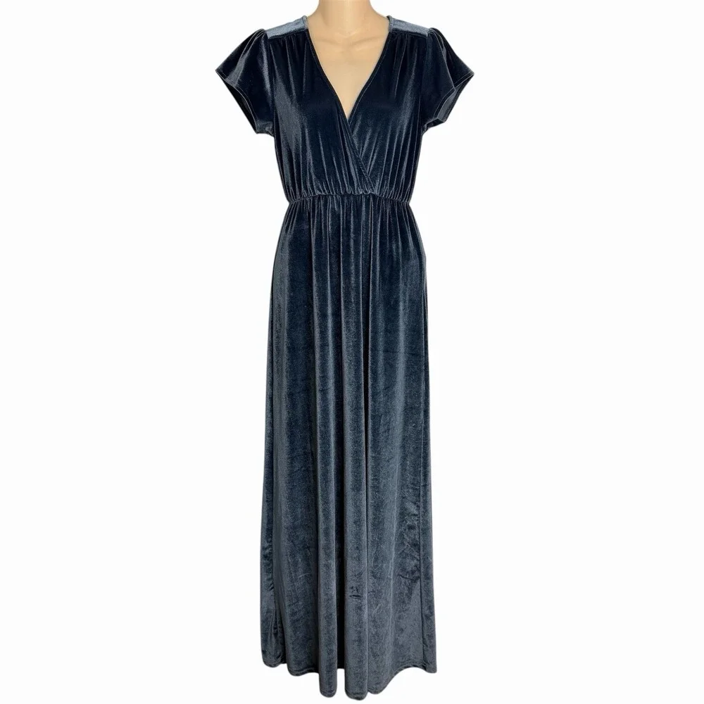 Baltic Born Faux Wrap Maxi Dress Blue Velvet Flutter Sleeve Empire Waist S